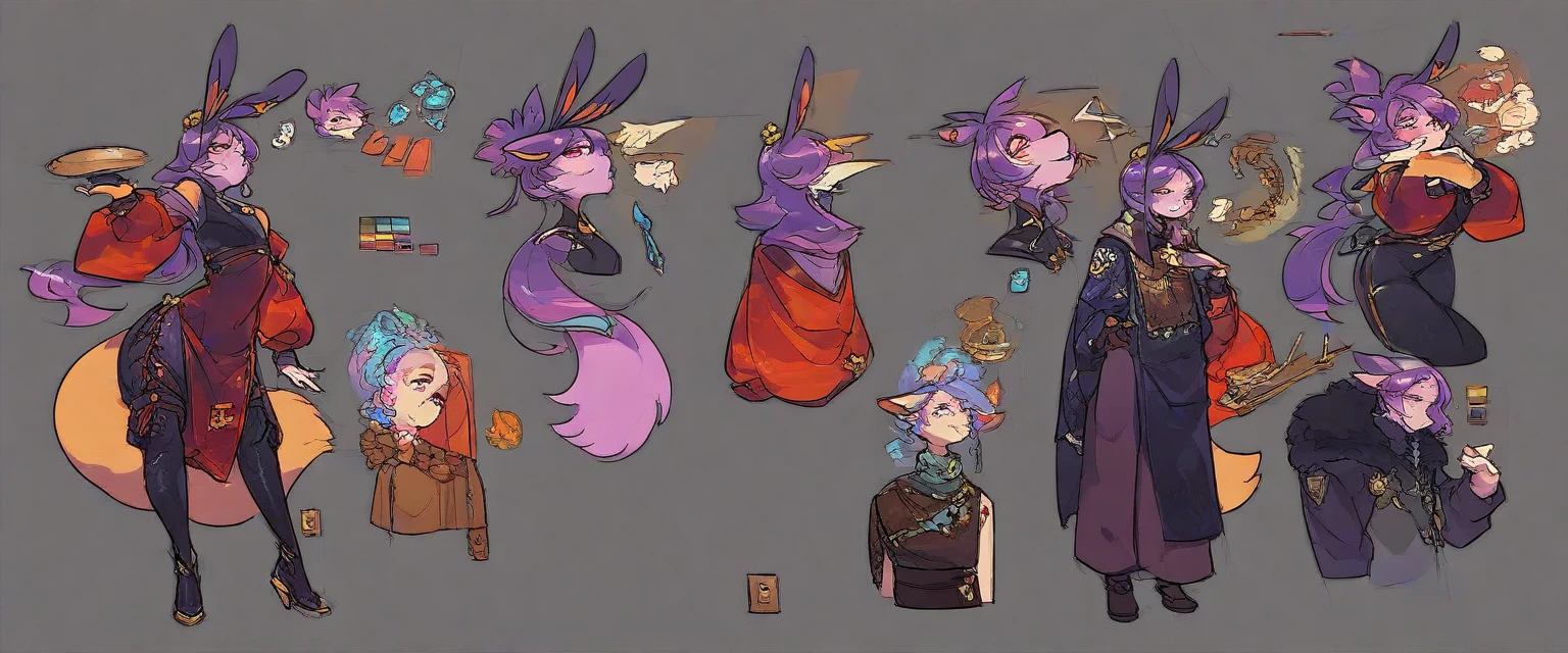 Character sheet,1 women, furry, Antro, fox, antropomorfic , pink eyes, blep, coffeesoda art style, e621, Fantazy adventurer, purple fox femboy, black boddy, purple hair, long hair, purple fur, bunny ears,purple clothing , ( ( character concept art ) ), official character art,arknights, sage ( valorant ), gestyle, character artwork