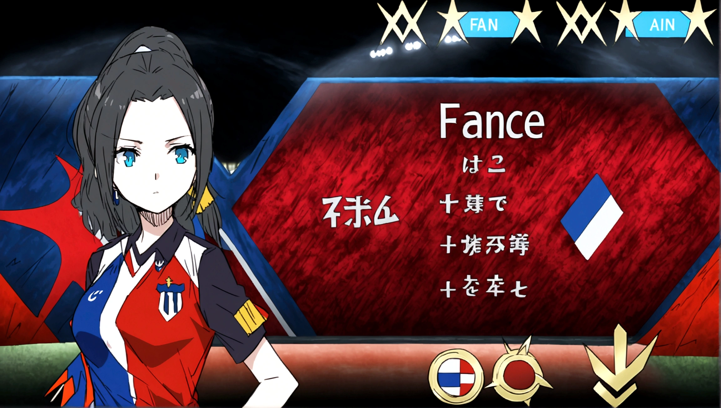 (anime,2D)Women,soccer player,black fur,wide,fringe,collected in a ponytail,clear skin,Light blue eyes,France national team clothing, In a soccer field.