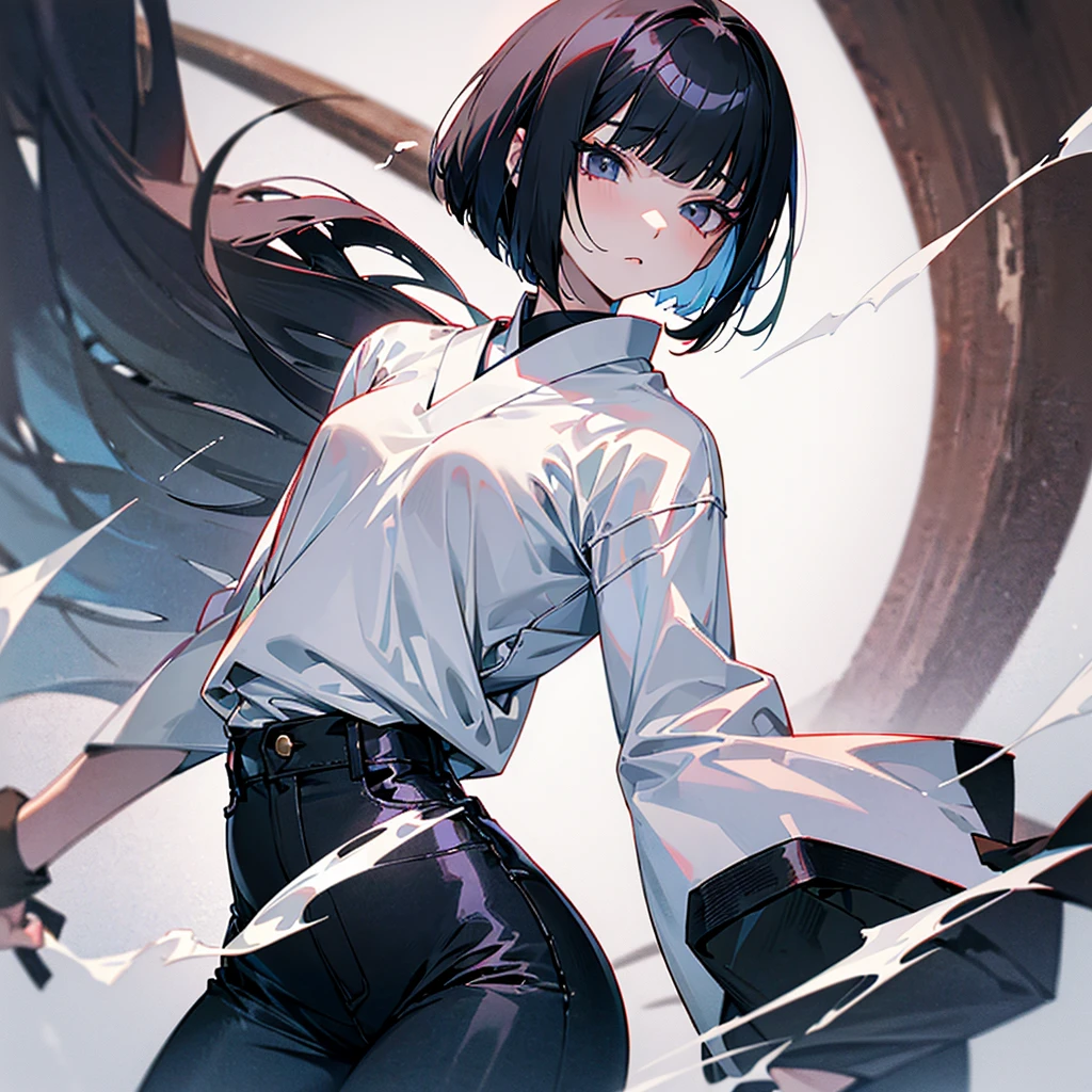 pale, black haired, japanese girl. She has a bob hairstyle. Slender and lean body, small breasts and hips, her expression is cold, she has sharp eyes, wears a white blouse and tight, black jeans