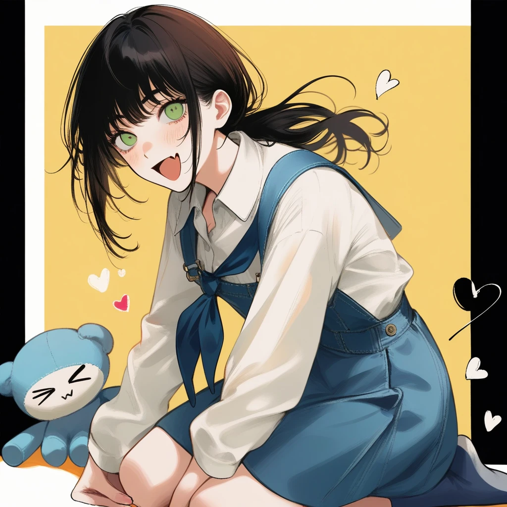 1girl, mishima kurone, chainsaw man, mitaka asa, yoru \(chainsaw man\), absurdres, official art, :d, > <, black hair, blue neckerchief, blue skirt, blue socks, border, choppy bangs, fang, green eyes, heart, neckerchief, open mouth, overall skirt, ponytail, seiza, shirt, sitting, skin fang, skirt, smile, socks, stuffed toy, two-tone background, white border, white shirt, yellow background, ((very aesthetic, best quality, ultra detailed)), painterly