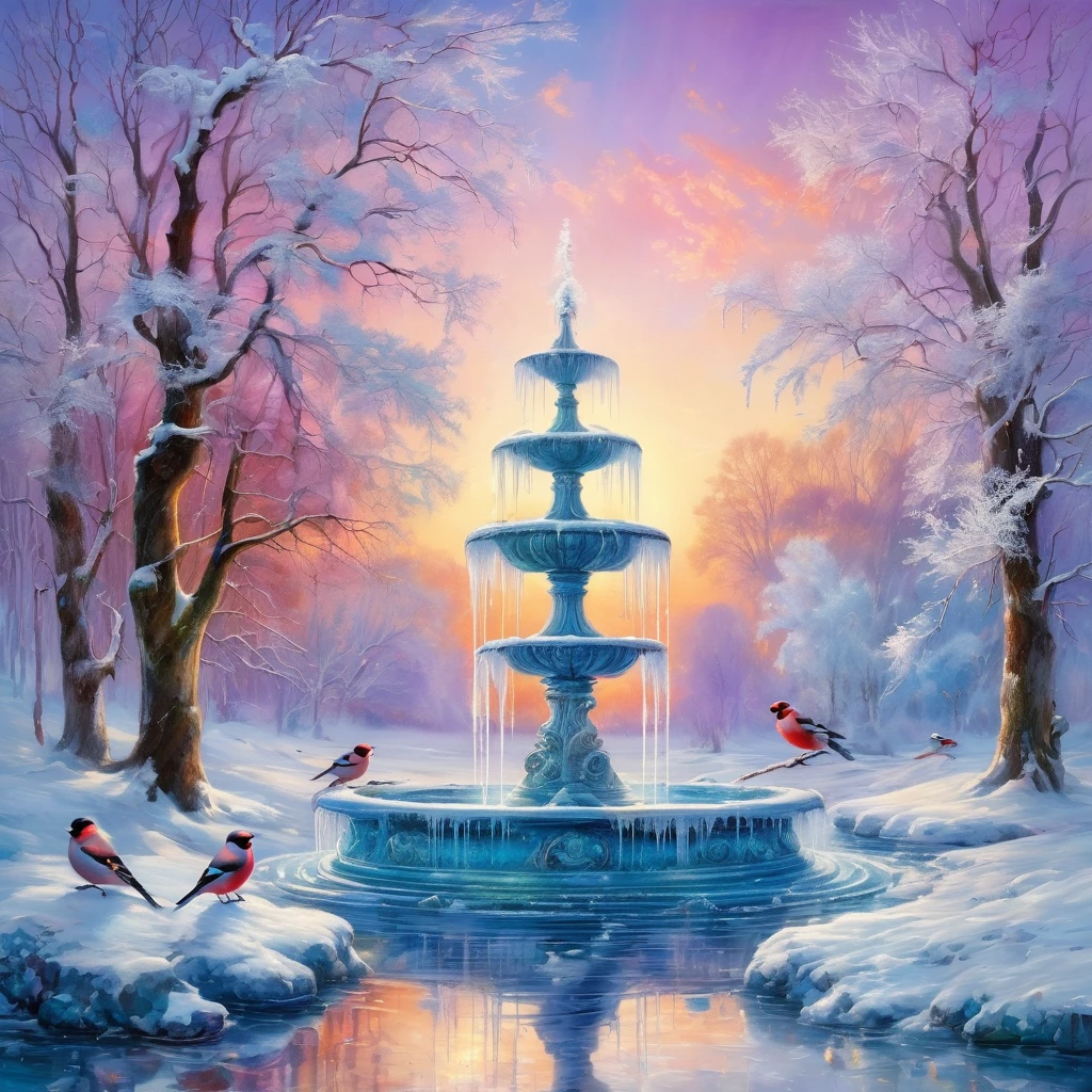 Oil painting in the style of (impressionism: 1,3). Double exposure. Light pastel colors. Beautiful tall white marble fountain with several bowls, (white marble: 1,3). A flock of bullfinch birds with red plumage on their breasts. Frozen water, icy icicles, (frosty patterns: 1,5). Fanciful, unusual. The ice is transparent, with glare from the sun. Azure sky with light reflections of sunset, classic park with trees in hoarfrost. Stlistics: modern, fairy tale, neorococo, dream, harmony. Free brushwork, harmony of cold shades of snow and ice and violet reflections of the setting sun. Hyper-detailing, intricacy. Exquisite rocaille and fantasy surrealism. Josephine Wall. Fragonard, Alfonso Mucha, Andrew Jones. High quality. HDR.