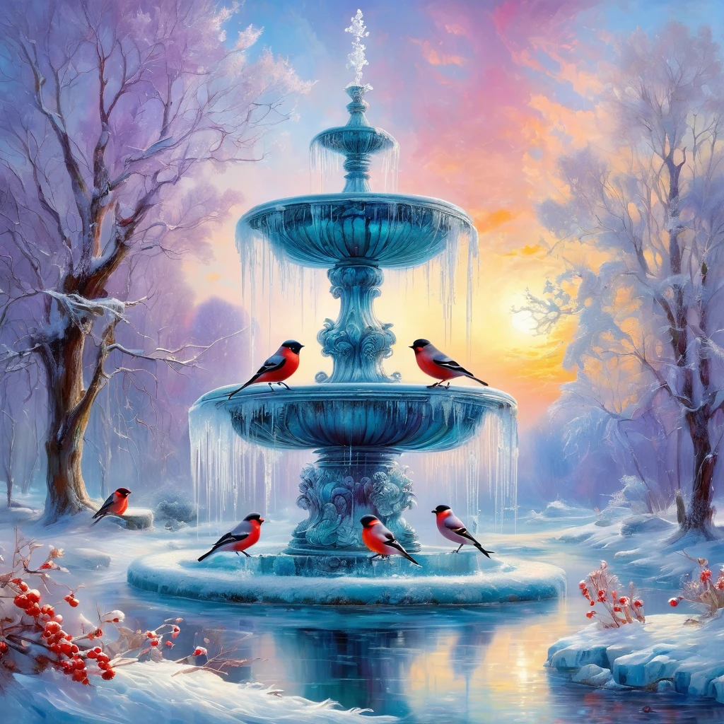 Oil painting in the style of (impressionism: 1,3). Double exposure. Light pastel colors. Beautiful tall white marble fountain with several bowls, (white marble: 1,3). A flock of bullfinch birds with red plumage on their breasts. Frozen water, icy icicles, (frosty patterns: 1,5). Fanciful, unusual. The ice is transparent, with glare from the sun. Azure sky with light reflections of sunset, classic park with trees in hoarfrost. Stlistics: modern, fairy tale, neorococo, dream, harmony. Free brushwork, harmony of cold shades of snow and ice and violet reflections of the setting sun. Hyper-detailing, intricacy. Exquisite rocaille and fantasy surrealism. Josephine Wall. Fragonard, Alfonso Mucha, Andrew Jones. High quality. HDR.