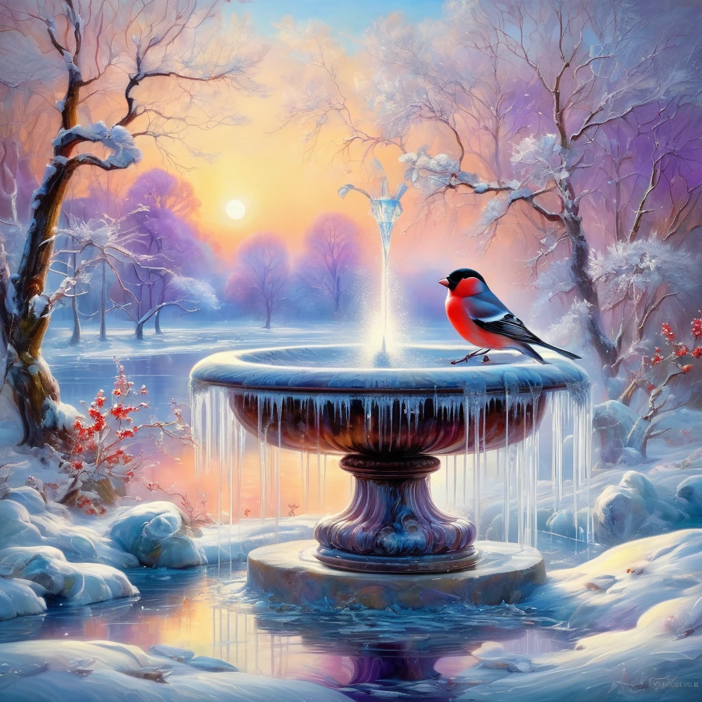 Oil painting in the style of (impressionism: 1,3). Double exposure. Light pastel colors. Beautiful tall white marble fountain with several bowls, (white marble: 1,3). A flock of bullfinch birds with red plumage on their breasts. Frozen water, icy icicles, (frosty patterns: 1,5). Fanciful, unusual. The ice is transparent, with glare from the sun. Azure sky with light reflections of sunset, classic park with trees in hoarfrost. Stlistics: modern, fairy tale, neorococo, dream, harmony. Free brushwork, harmony of cold shades of snow and ice and violet reflections of the setting sun. Hyper-detailing, intricacy. Exquisite rocaille and fantasy surrealism. Josephine Wall. Fragonard, Alfonso Mucha, Andrew Jones. High quality. HDR.