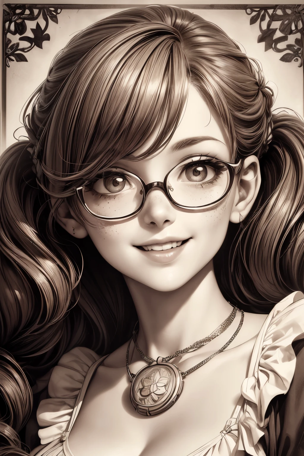 (masterpiece), best quality, expressive eyes, perfect face, Artwork, best quality, ultra-detailed, 1girl, long hair, 1930s vintage photography, monochrome dress, vintage color palette, ((curly hair)), dress with ruffles, smiling smile, freckles on face, ((old photo effect)), large breasts, ((sepia effect)), breasts larger than head, ((portrait in a medallion)), ((locket)), ((pic in locket)), ((portrait in round medallion)), photography of a woman in a locket, signature at the bottom of the photo, Initials T.J in signature, face profile photography, round glasses, provocative cleavage, face profile photography, lipstick in pic, shining eyes, twintails, laughing laugh, laughing, ((mold particles around the edges of the photograph)), laughing with your mouth open, flowers in hair, ((signatured photography)), huge breasts, large breasts, gigantic breasts, fleshy mouth lips, ((mold particles))