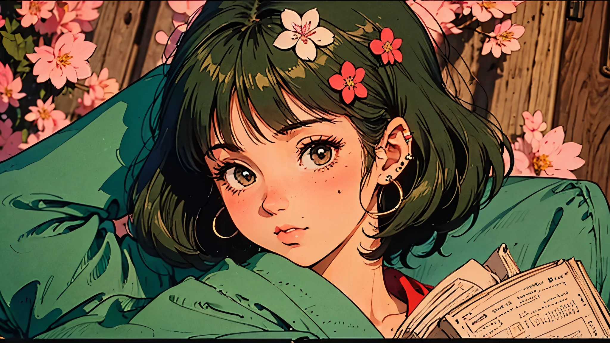 A girl, 80s anime style, retro, lo-fi, outside, kimono, Japanese hair ornaments, cherry blossoms, piercing