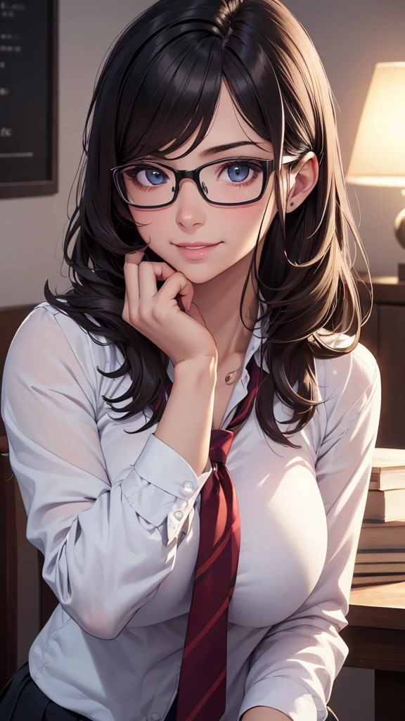 1 girl, glasses, big breasts, loose school uniforms, loose hair, smiling at you, sexy pose, blush, night light, detailed face, beautiful eyes, detailed hand, long eyelashes, detailed lips, detailed skin, intricate details, elegant, beautiful lighting, cool colors, cinematic, soft focus, photorealistic, masterpiece, 8k, ultra-detailed, (best quality, 4k, 8k, highres, masterpiece:1.2), ultra-detailed, (realistic, photorealistic, photo-realistic:1.37)