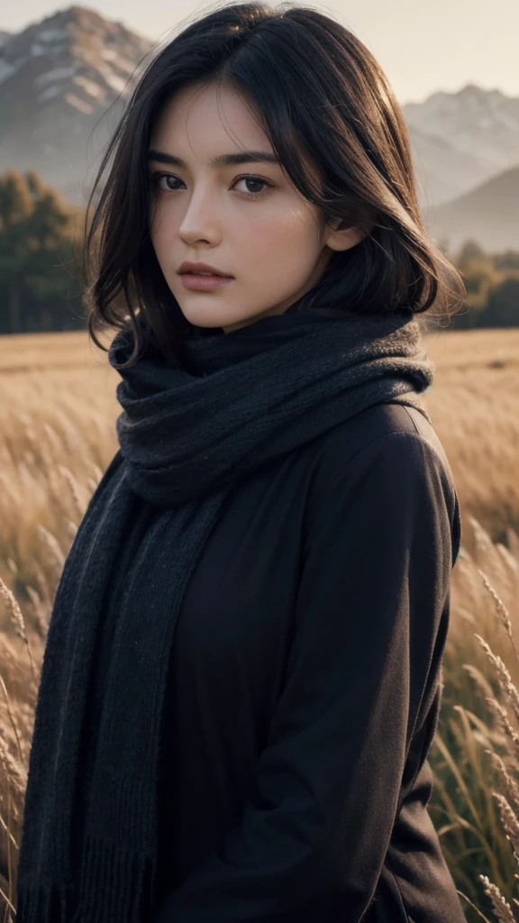 8k, best quality, masterpiece, realistic, ultra detail, photo realistic, Increase quality,
a photo of a girl standing in a field with a scarf, in the style of dark and brooding designer, voluminous mass, photobash, serene faces, jagged edges, navy, natural beauty, close-up shot
with a lingerie