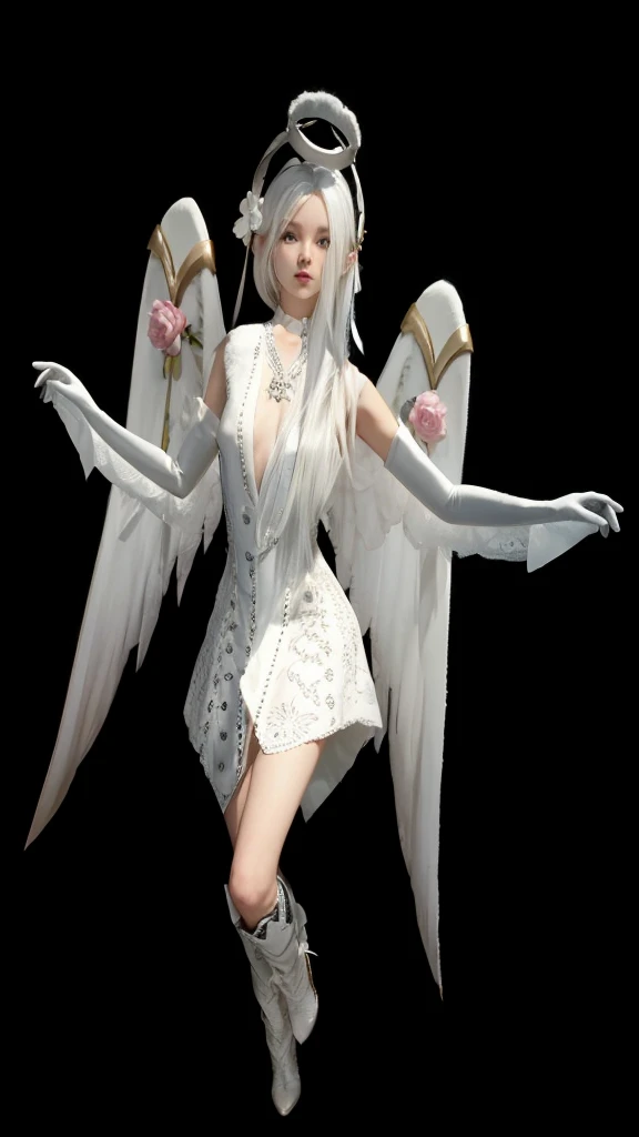 A beautiful full body slim girl, straight white hair, angelic white dress, White Boots, whitegloves.