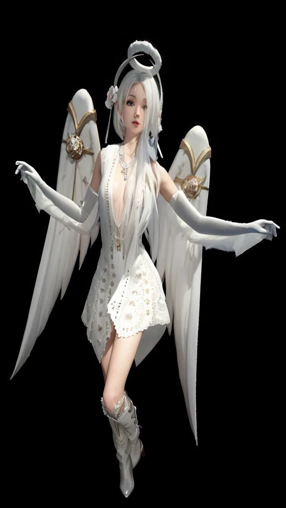 A beautiful full body slim girl, straight white hair, angelic white dress, White Boots, whitegloves.