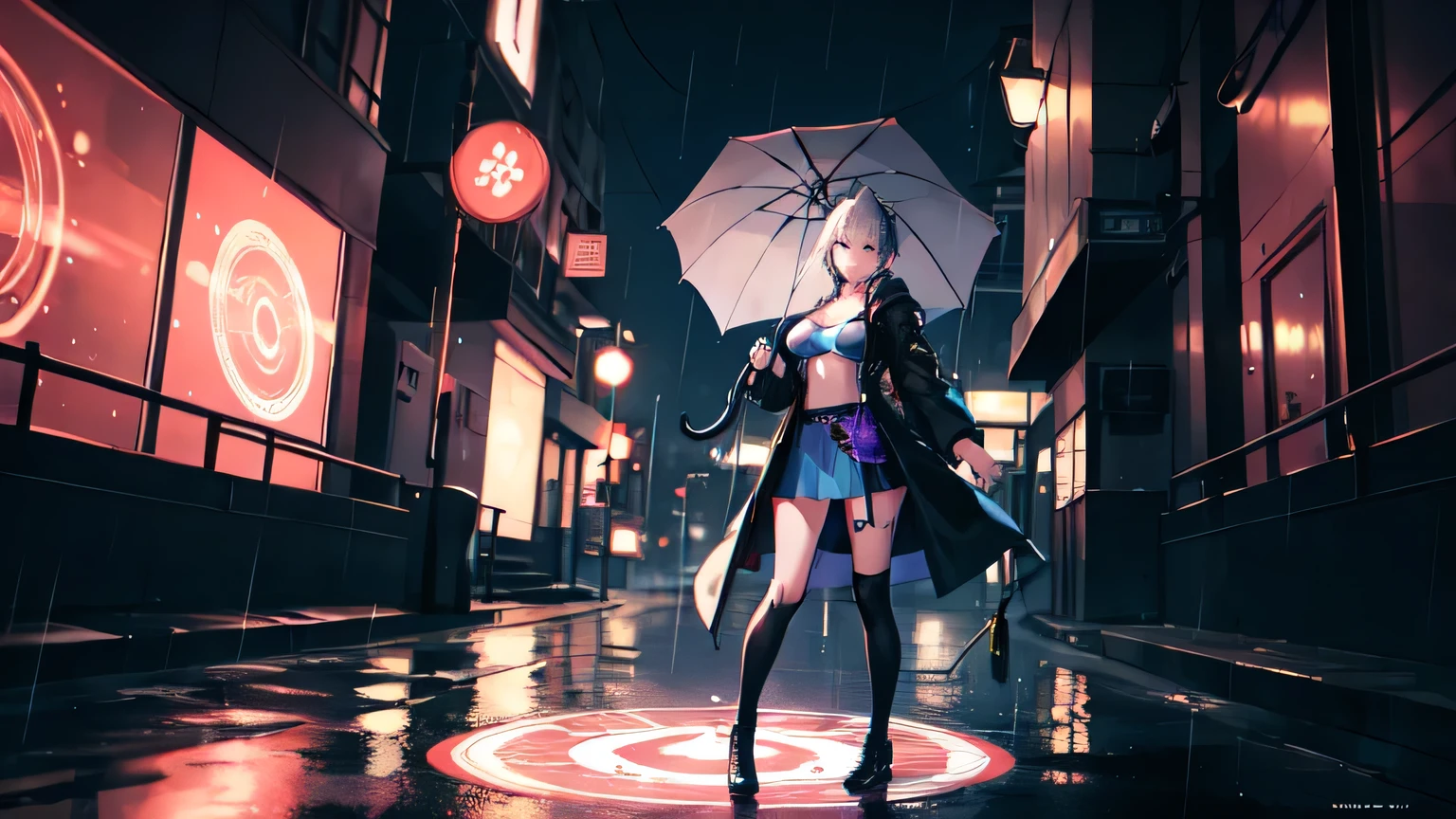 One girl, Black robe décolleté, ponytail ,Gray Hair, Purple eyes, magic circle, Blue Fire, Blue Flame, wallpaper, Rainy cityscape,Holding an umbrella , Umbrella,Depth of written boundary, night, Particles of light, light, Side Lighting, Open jacket, skirt, Knee socks, cloud,Cyberpunk style
