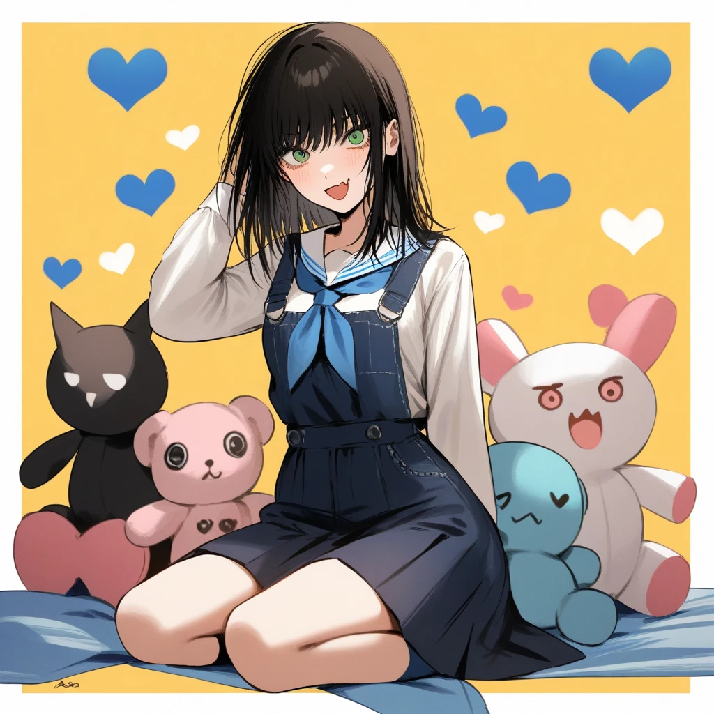1girl, \horn/wood\, chainsaw man, mitaka asa, yoru \(chainsaw man\), absurdres, official art, :d, > <, black hair, blue neckerchief, blue skirt, blue socks, border, choppy bangs, fang, green eyes, heart, neckerchief, open mouth, overall skirt, ponytail, seiza, shirt, sitting, skin fang, skirt, smile, socks, stuffed toy, two-tone background, white border, white shirt, yellow background, ((very aesthetic, best quality, ultra detailed)), painterly