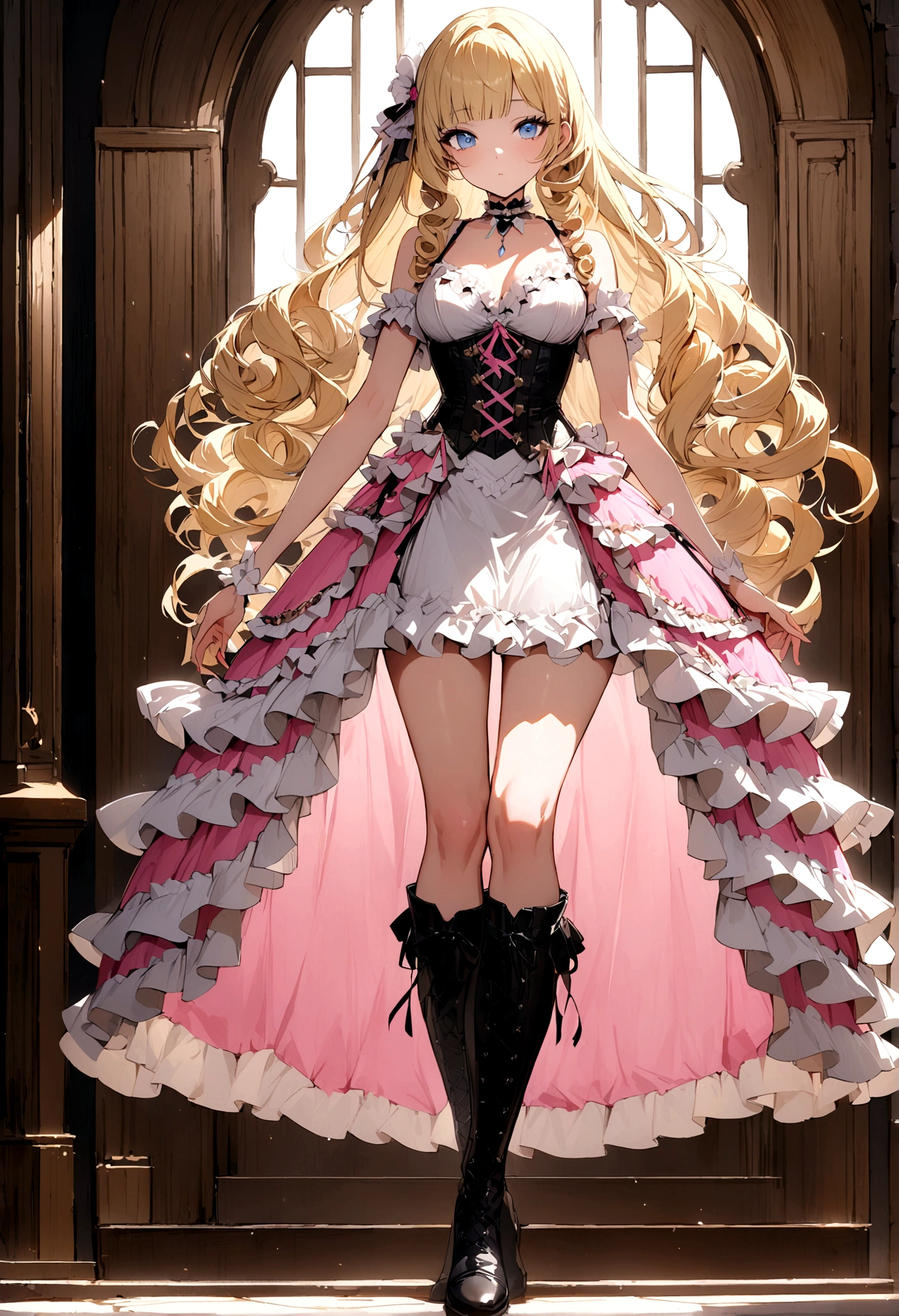 Curls,blonde_hair,blue_eyes,long_eyelashes,long_hair,fringe_bangs,side_curls,fullbody,standing,masterpiece,highress,frilly intricate pink saloon girl dress,knee length skirt,white accents, frilly lace choker,corset,lace up heeled boots,