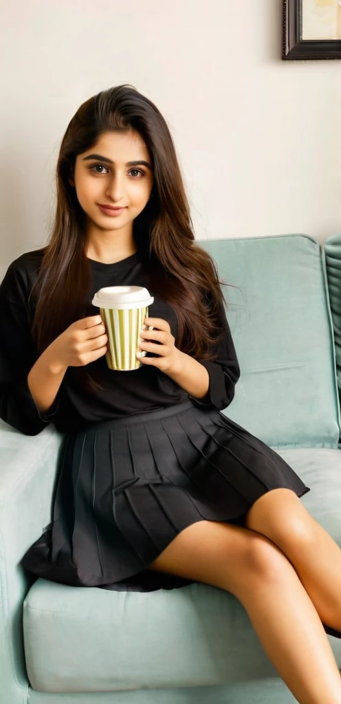 A young Pakistani girl sitting at the side of the couch holding a cup of tea, she wears a black skirt and t shirt , long hair