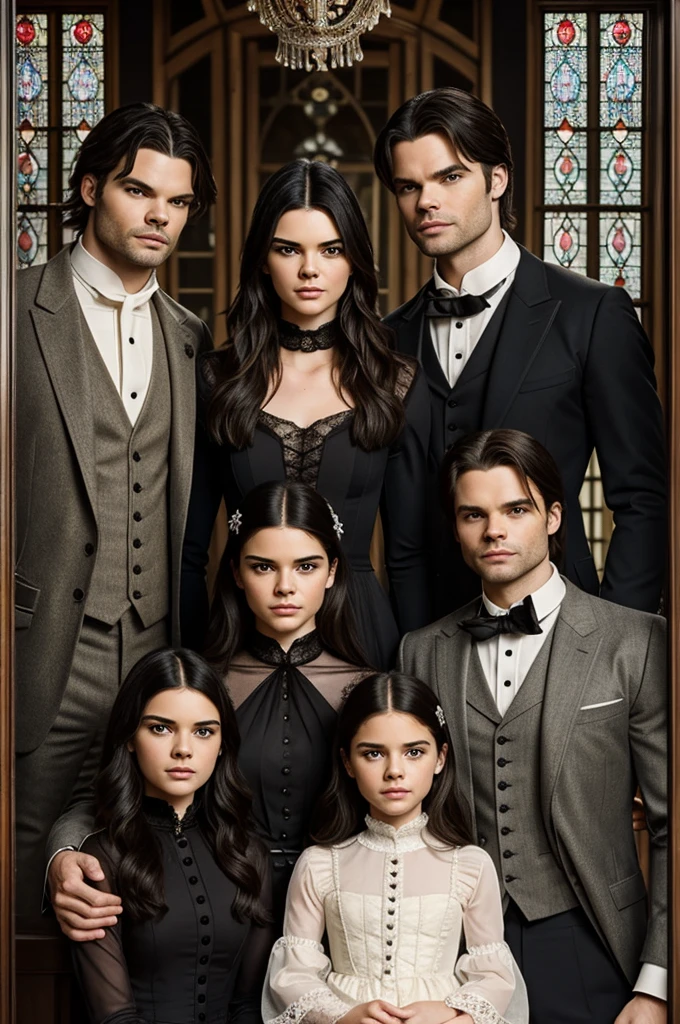 Family photo as hyperrealistic siblings of Kendall Jenner, Daniel Gillies and Sebastian Stan. In a Victorian window.
