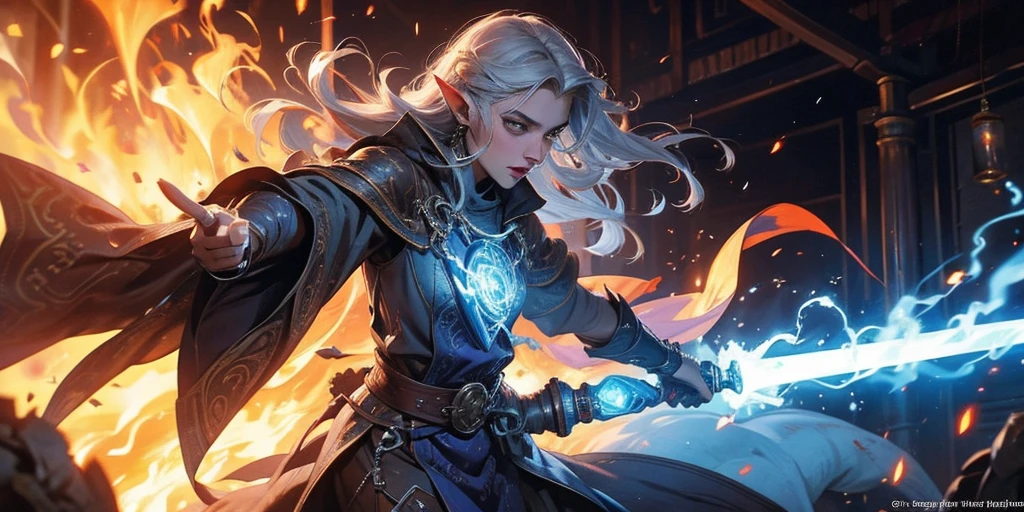 Cinematic scene of an elf scientist wizard, silver hair and beard, holding a glass bottle with glowing magical runes, inside the glass bottle there is purple fire in liquid form. Vintage pulp illustration, in a medieval laboratory, looking shocked, machine malfunction in the background, fire and flames, explosion and steam, lightning with warm colors illuminating the scene, fine details, depth of field, explosion outside the frame.