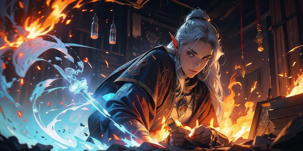 Cinematic scene of an elf scientist wizard, silver hair and beard, holding a glass bottle with glowing magical runes, inside the glass bottle there is purple fire in liquid form. Vintage pulp illustration, in a medieval laboratory, looking shocked, machine malfunction in the background, fire and flames, explosion and steam, lightning with warm colors illuminating the scene, fine details, depth of field, explosion outside the frame.