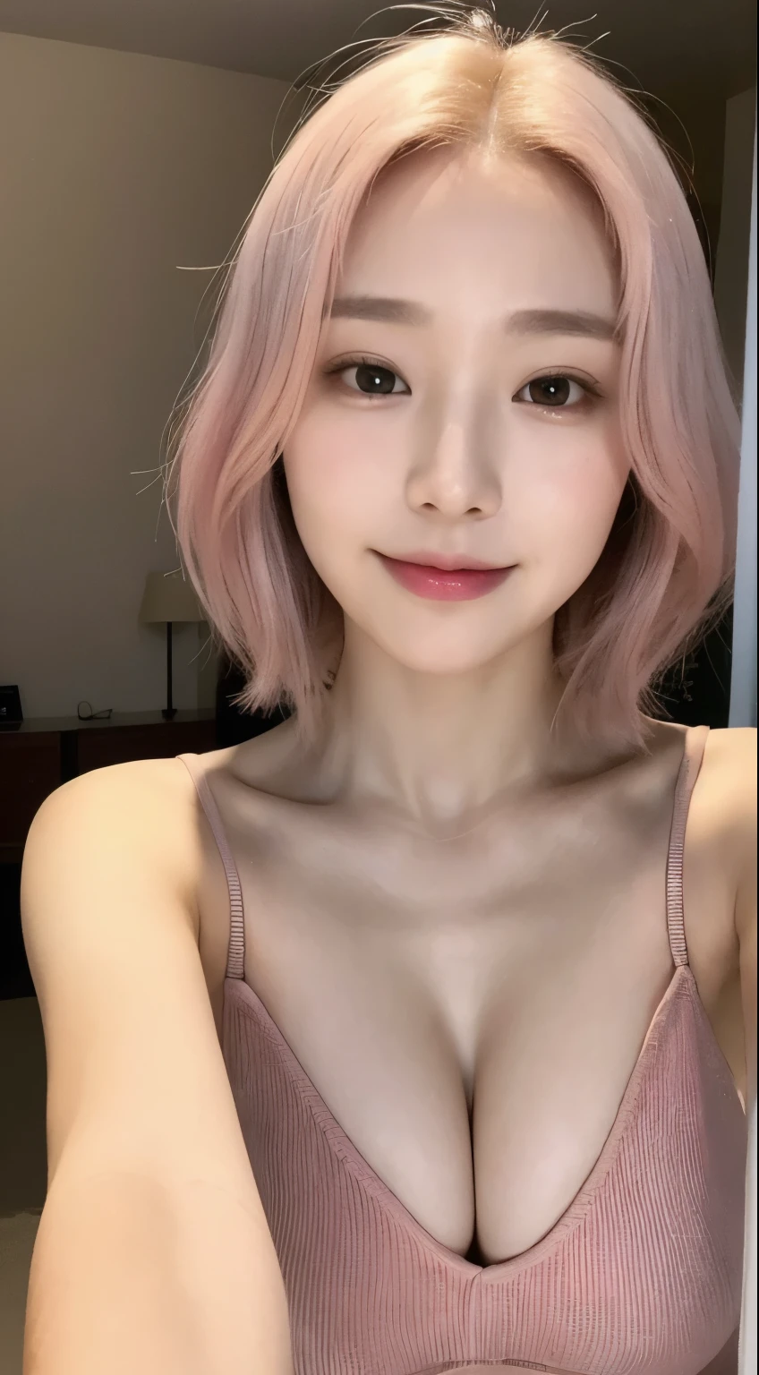 Haruno sakura, ((alone)), alone, E cup breasts,, ((Show your forehead)), smile,Are standing, Taking a selfie of myself in the mirror, Pink Hair, short hair, delicate, young, short hair, Detailed face, High resolution, ((whole body)), Bedroom, whole body, she is a beautiful , High quality face, beautiful, Shine,(masterpiece:1.3), High resolution, Very detailed, Very detailedな,Unity 8k wallpaper, Realistic, photo-Realistic, RAW Photos, Beautifully detailed face, Pale skin, Realistic glistening skin,