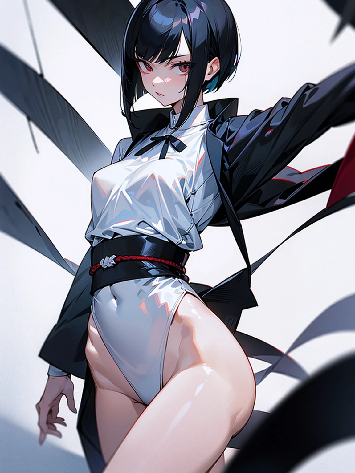 pale, black haired, japanese girl. She has a bob hairstyle. Slender and lean body, small breasts and hips, her expression is cold, she has sharp eyes, wears a white blouse