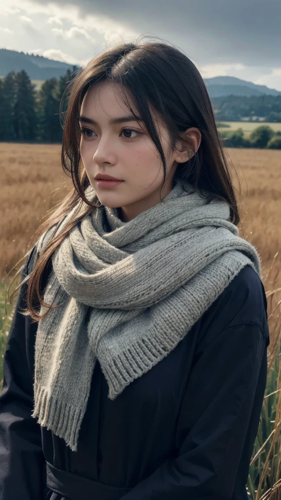 8k, best quality, masterpiece, realistic, ultra detail, photo realistic, Increase quality, 
a photo of a girl standing in a field with a scarf, in the style of dark and brooding designer, voluminous mass, photobash, serene faces, jagged edges, navy, natural beauty, close-up shot
with a biquíni 