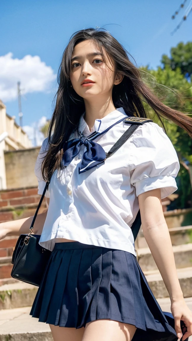((Viewing angle from below、Highest quality、masterpiece、32k、Every detail))、Descend the outdoor stairs、commute、Systemic manifestations、Traditional navy blue sailor uniform、White blouse、Pleated skirt、(((A strong wind blows my hair and skirt away:1.62)))、((I always carry the shoulder strap of my bag across my body..:1.22))、One Girl, alone、(((mini skirt, No underwear:1.22)))、Big Breasts、barefoot, High heels