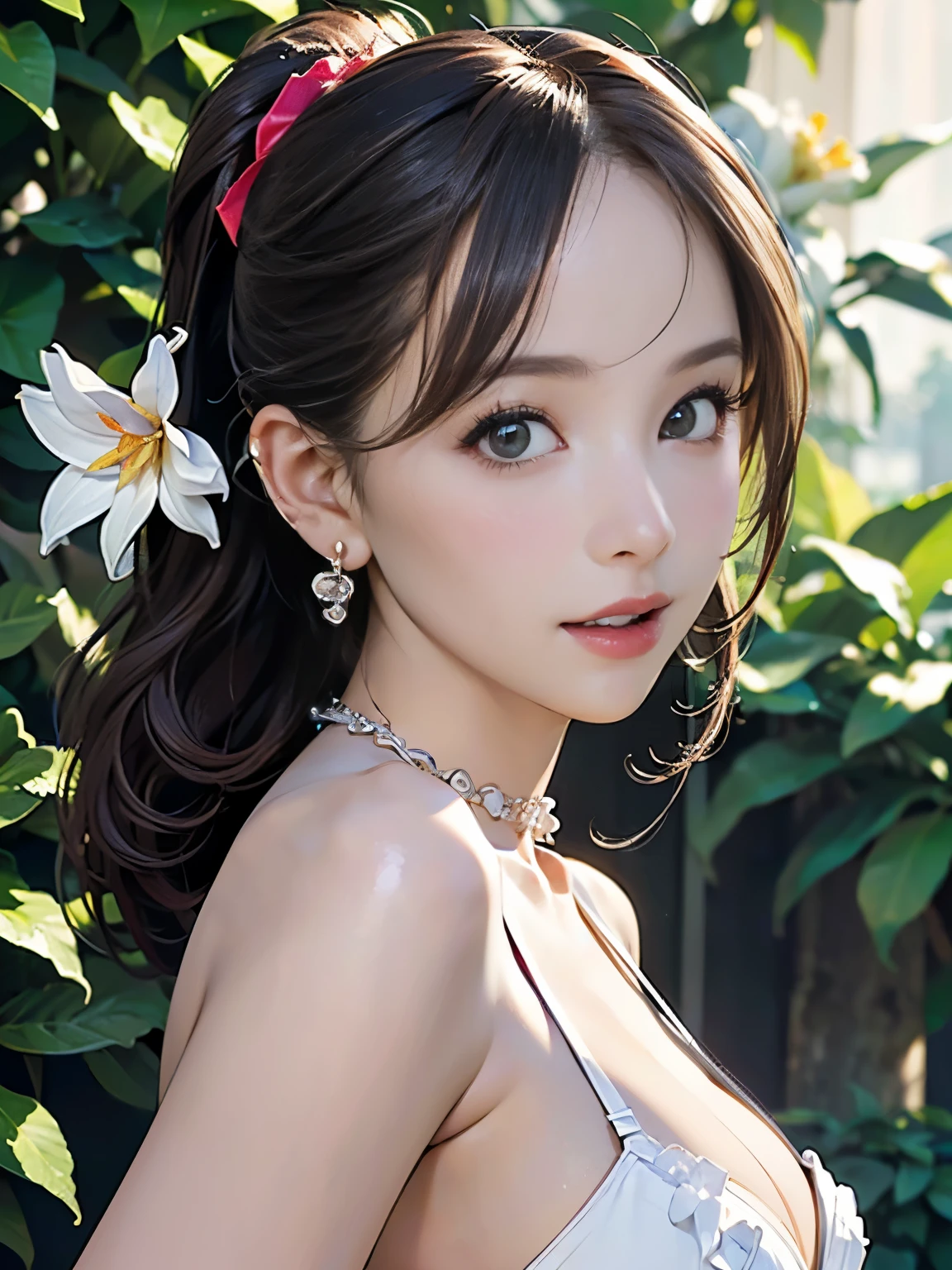 ((((Highest quality))))、(((Ultra-precision CG16K wallpaper)))、(((masterpiece)))、(((Super detailed)))、(((Extreme detail)))、((1Mature 29 year old woman:1.6))、((Very beautiful Japan face of a person))、((Urizane Face:1.8))、((One curl ponytail hair:1.6))、(Shiny Hair)、A delicately drawn beautiful face、(Dark Eyes、Detailed pupil and iris、Detailed eyelashes、Reflected light from the eye)、double eyelid、High nose、Small nostrils、Small Mouth、Seductive lips、Beautiful breasts、((C cup size breasts))、Perfect proportions、Perfect Anatomy、Perfect composition、Beautiful detailed shading、Beautiful, natural lighting、Beautiful detail glow、Depth of written boundary、(((High chroma)))、(((Real:1.9)))、((vivid:1.5))、((Beautiful Skin))、((Skin Texture))、((Realな皮膚感))、(((Bust Shot:1.6)))、(((front view、shoot from front、front low angle:1.6)))、(((Half-open mouth、Surprised face:1.4)))、(((looking at viewer:1.6)))、Bright daylight、Natural light、(((background_Flower Garden:1.5)))、((White micro bikini bra))、(Standing pose:1.6)、((Scrunchie Ribbon、choker、Wearing earrings:1.5))、