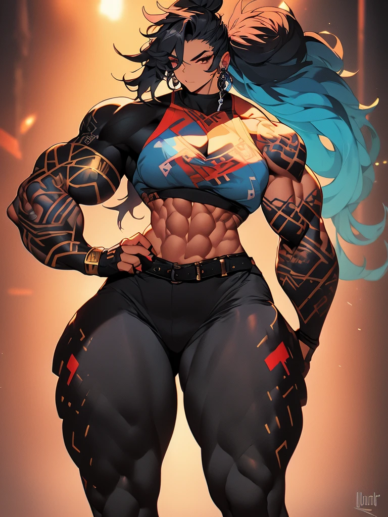 muscular girl, hair, Gothic, no , with colorful tattoos, usando pants de couro black, big-ass, large legs