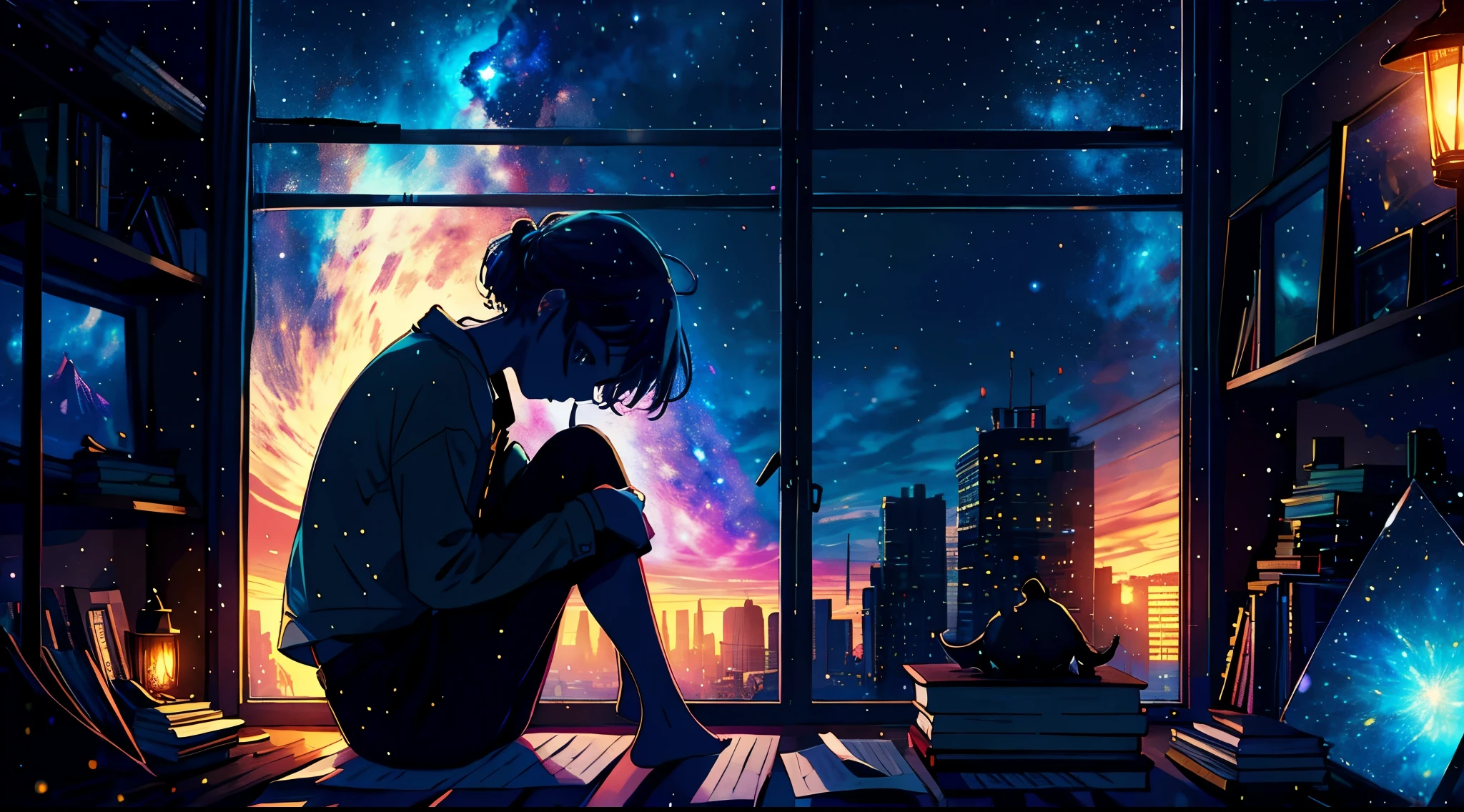 masterpiece, 1girl, solo, room full of scattered books, sitting at window, barefoot, reading book, night at window, distant city lights, starry sky, nebula, close side shot, 8k, detailed, best quality,