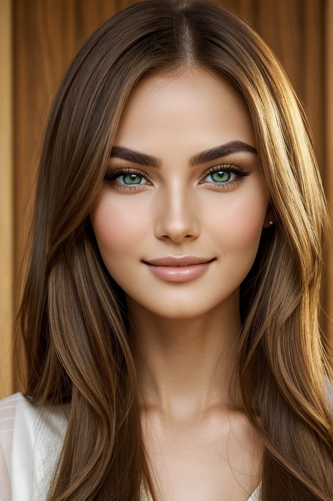 Very beautiful face of a woman, 25 years old, oval shape, very exotic face shape, very exotic face Features, very light green eyes, full lips, exotix arched eyebrows,long,vawy, brown golden hair, closed smile