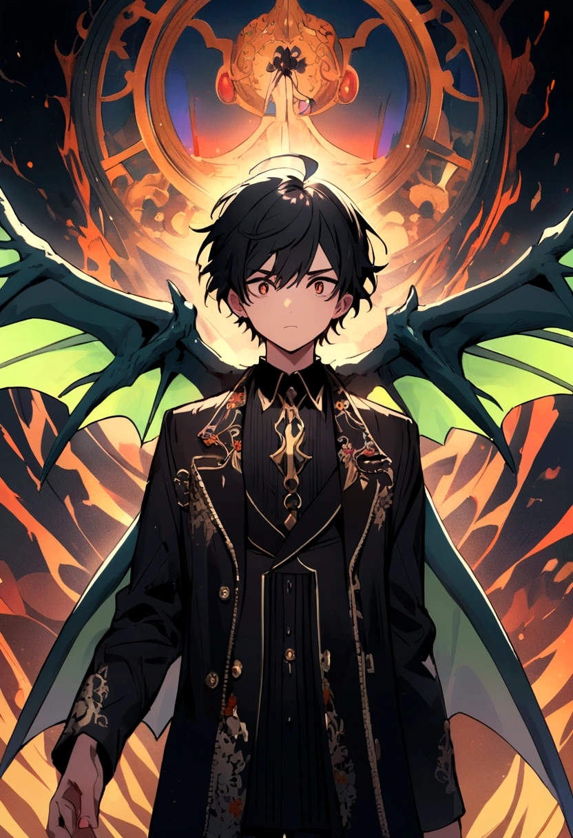 boy with dragon wings with anxiety black hair and designer clothes