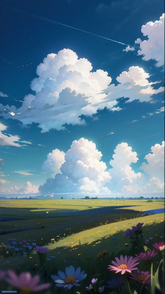 summer meadow, meadow, few small flowers, big clouds, blue sky, hot weather, Details HD, hyper-detail, cinematographic, surrealism, Luz outfit, deep field focus bokeh, ray tracing, and surrealism. --at 6,city in the distance