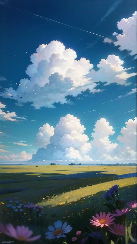 summer meadow, meadow, few small flowers, big clouds, blue sky, hot weather, Details HD, hyper-detail, cinematographic, surrealism, Luz outfit, deep field focus bokeh, ray tracing, and surrealism. --at 6,city in the distance