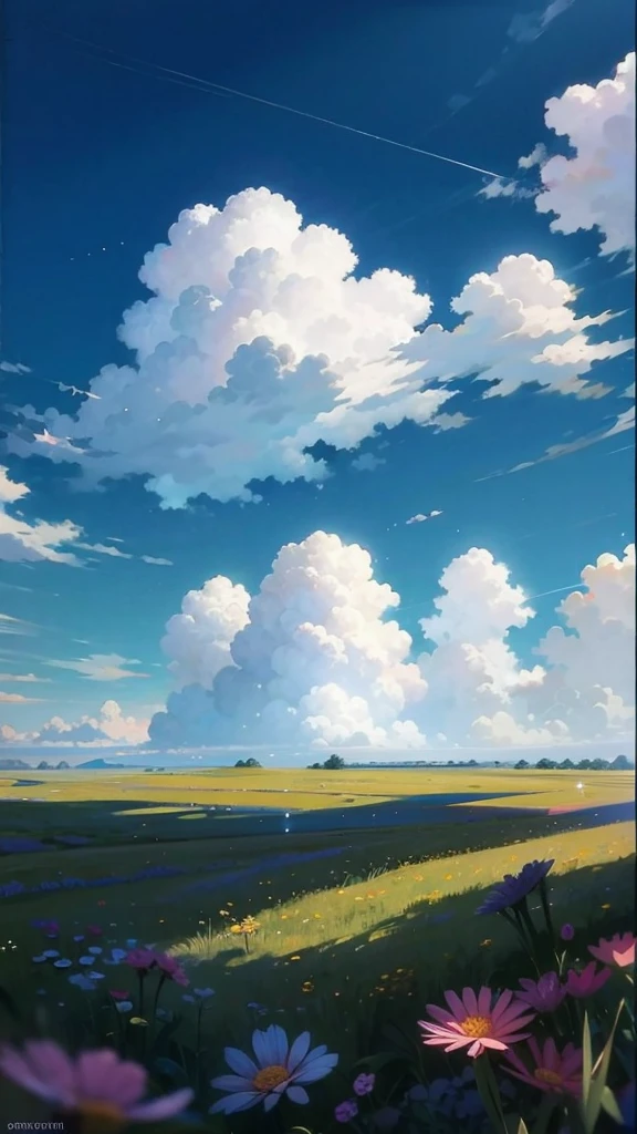 summer meadow, meadow, few small flowers, big clouds, blue sky, hot weather, Details HD, hyper-detail, cinematographic, surrealism, Luz outfit, deep field focus bokeh, ray tracing, and surrealism. --at 6,city in the distance
