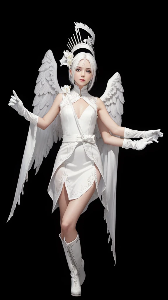 A beautiful full body slim girl, straight white hair, angelic white dress, White Boots, whitegloves.
