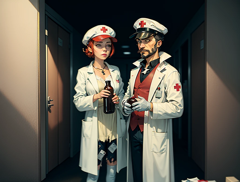  Comic art, cartoon.Two persone side by side. Dirty man-drunkard and doctor. drunkard holding a bottle in his hand, dressed (dirty and torn), doctor holding a I.V. med transfusion system in his hand, wearing a white coat and a cap with a red cross. parody of  sculpture "Worker and Collective Farm Woman" by Vera Mukhina.  Stylish pale abstract background. Masterpiece, detailed. 