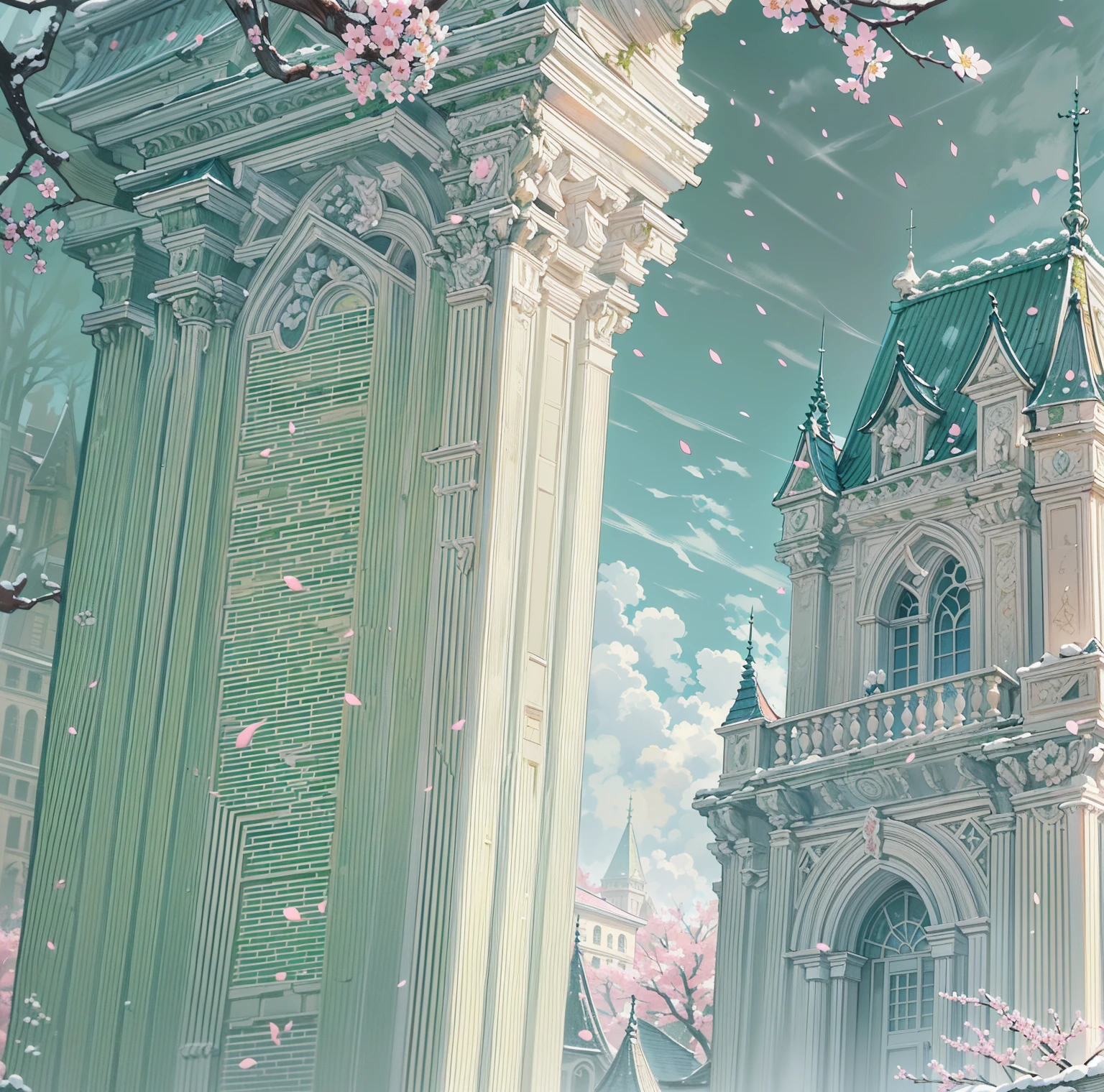 ((best quality，masterpiece，Extremely complex and exquisite details))，(Beautiful bright and exquisite ancient style white castle architectural background)，(Exquisite fantasy dream style，Snow，Falling Flowers，Cherry blossoms，The great outdoors)