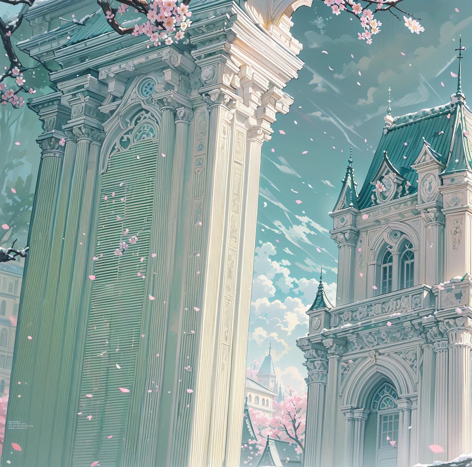 ((best quality,masterpiece,Extremely complex and exquisite details)),(Beautiful bright and exquisite ancient style white castle architectural background),(Exquisite fantasy dream style,Snow,Falling Flowers,Cherry blossoms,The great outdoors)