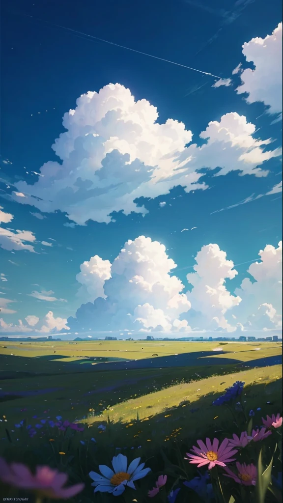 summer meadow, meadow, few small flowers, big clouds, blue sky, hot weather, Details HD, hyper-detail, cinematographic, surrealism, Luz outfit, deep field focus bokeh, ray tracing, and surrealism. --at 6,city in the distance