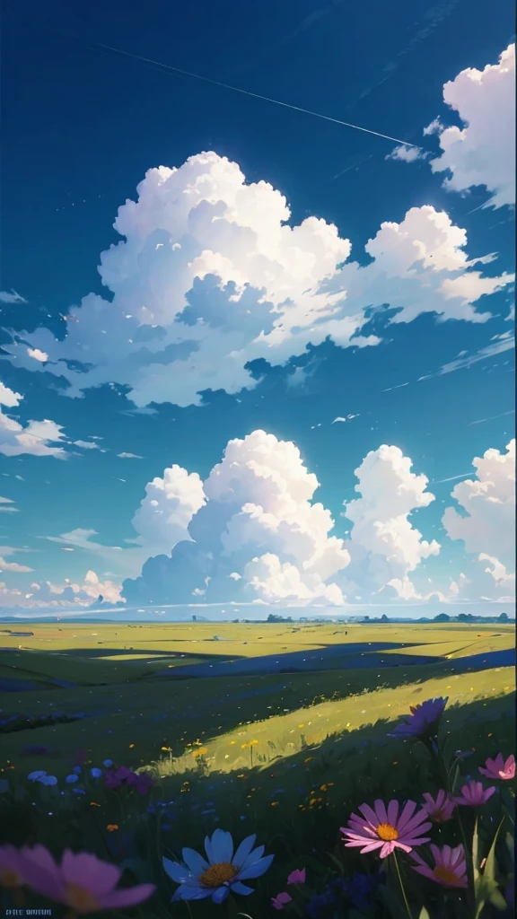 summer meadow, meadow, few small flowers, big clouds, blue sky, hot weather, Details HD, hyper-detail, cinematographic, surrealism, Luz outfit, deep field focus bokeh, ray tracing, and surrealism. --at 6,city in the distance