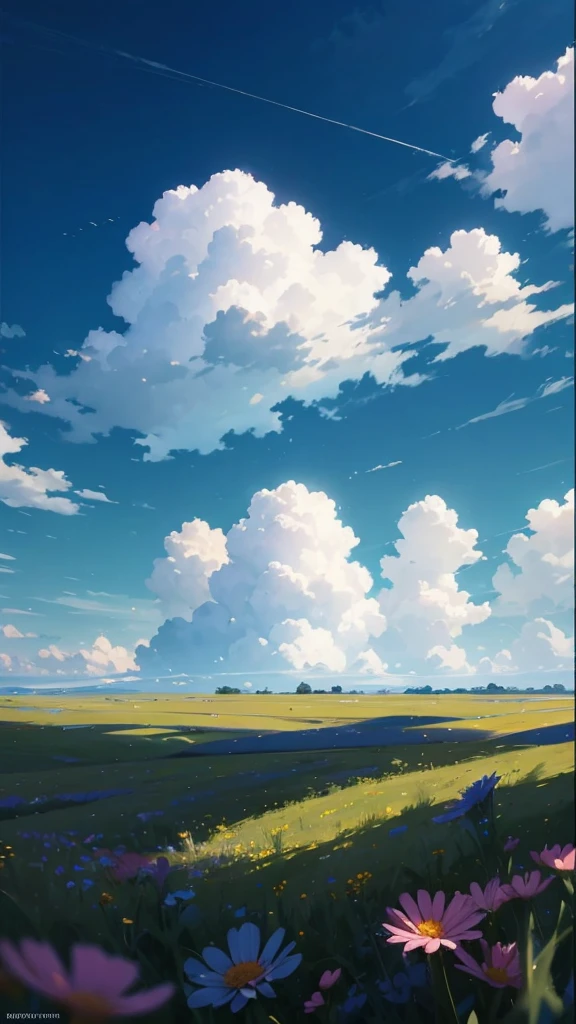 summer meadow, meadow, few small flowers, big clouds, blue sky, hot weather, Details HD, hyper-detail, cinematographic, surrealism, Luz outfit, deep field focus bokeh, ray tracing, and surrealism. --at 6,city in the distance