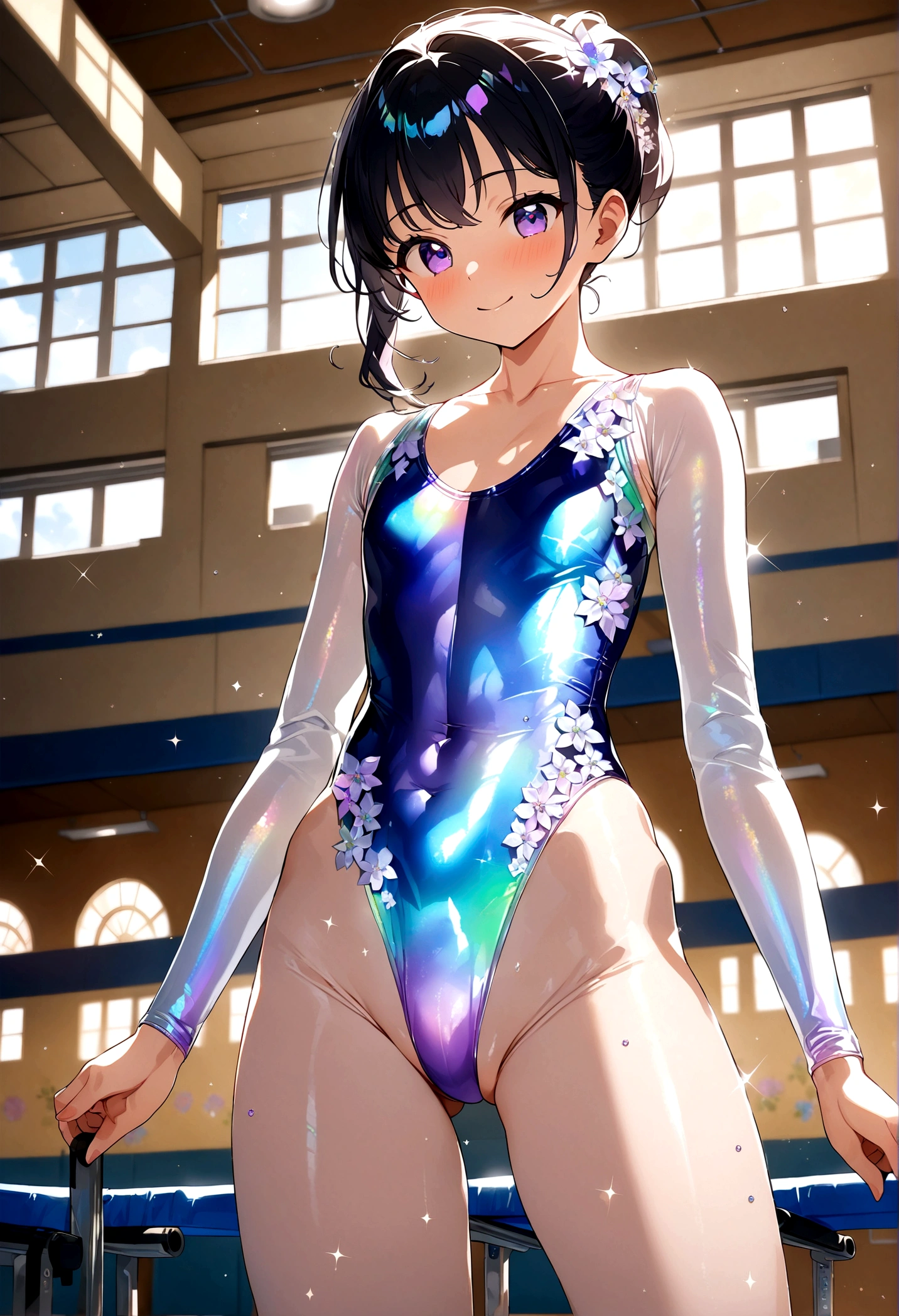 highquality illustration, masterpiece, very delicate and beautiful, attractive girl,(gymnastics leotard, Floral patterns leotard,long sleeve leotard with glittery decoration,high_leg leotard,athletic leotard,tight-fit leotard,iridescent gradient leotard),thin,slender body,slim,high school,gymnasium background,gymnastics club,gymnastics athlete,princess, beautiful eyes,light smile,(masterpiece, best quality:1.2), highres, extremely detailed CG unity 8k wallpaper, perfect lighting, Colourful, ultra-high res,4K,ultra-detailed, photography, 8K, HDR, 17 ages,