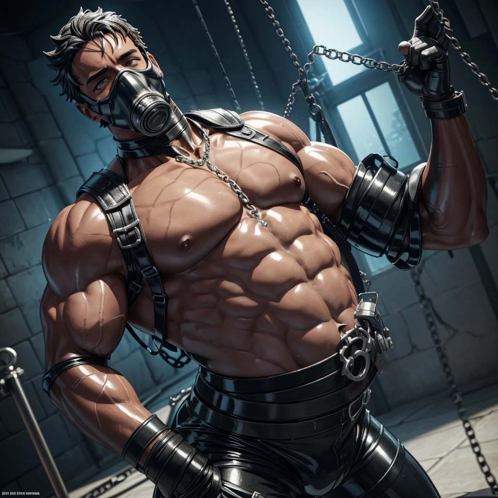 a statue of a man with a gas mask on, hard rubber chest, daz studio 3d, ((restrained)), cgsociety 9, shiny skin”, 3 d white shiny thick, rubbery, restrained, 3 d anime realistic, latex flesh and facial muscles, thick glowing chains, in billy herrington body, daz studio, muscular! fantasy, specular