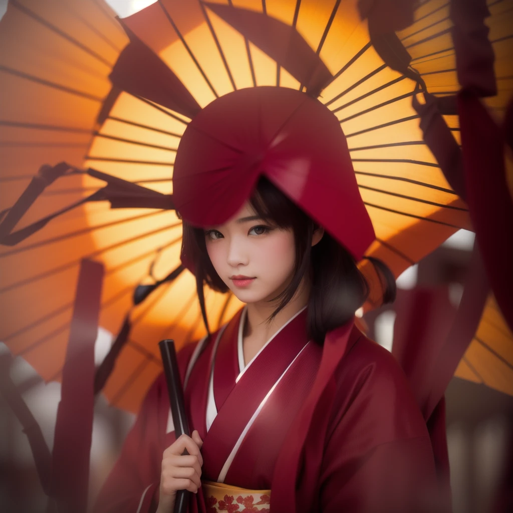 real cute girl in a red kimono holding a yellow umbrella, realistic 4k 