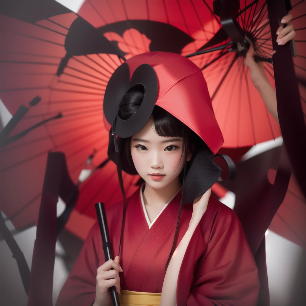 real cute girl in a red kimono holding a yellow umbrella, realistic 4k