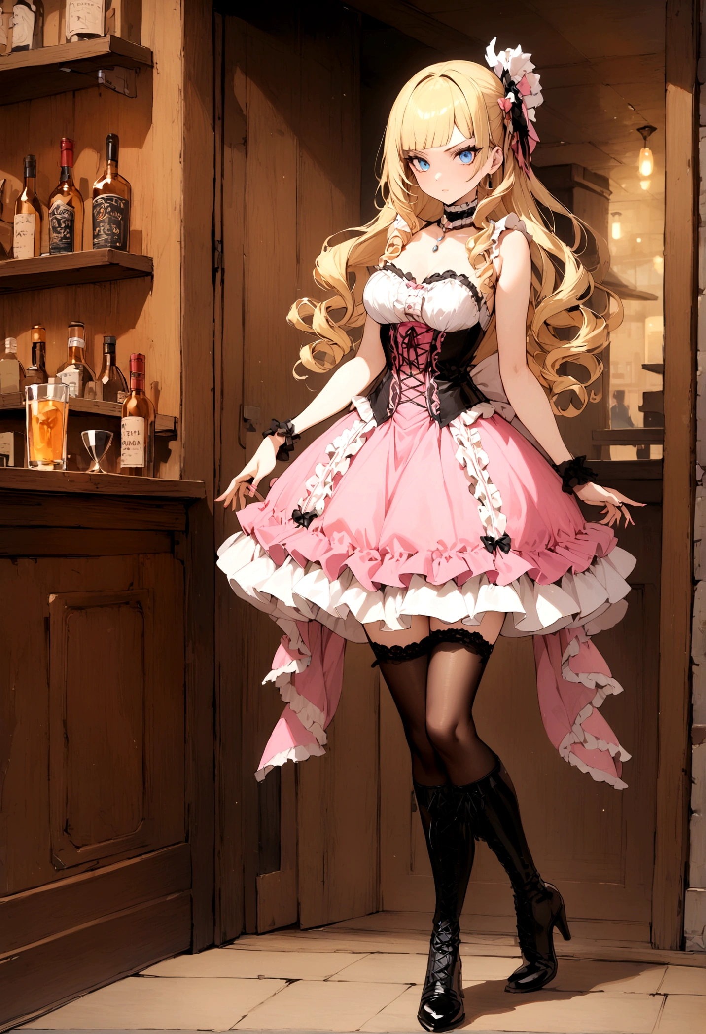 Curls,blonde_hair,blue_eyes,long_eyelashes,long_hair,fringe_bangs,side_curls,fullbody,standing,masterpiece,highress,frilly intricate pink saloon girl dress,knee length skirt,white accents, frilly lace choker,corset,lace up heeled boots,stockings,saloon