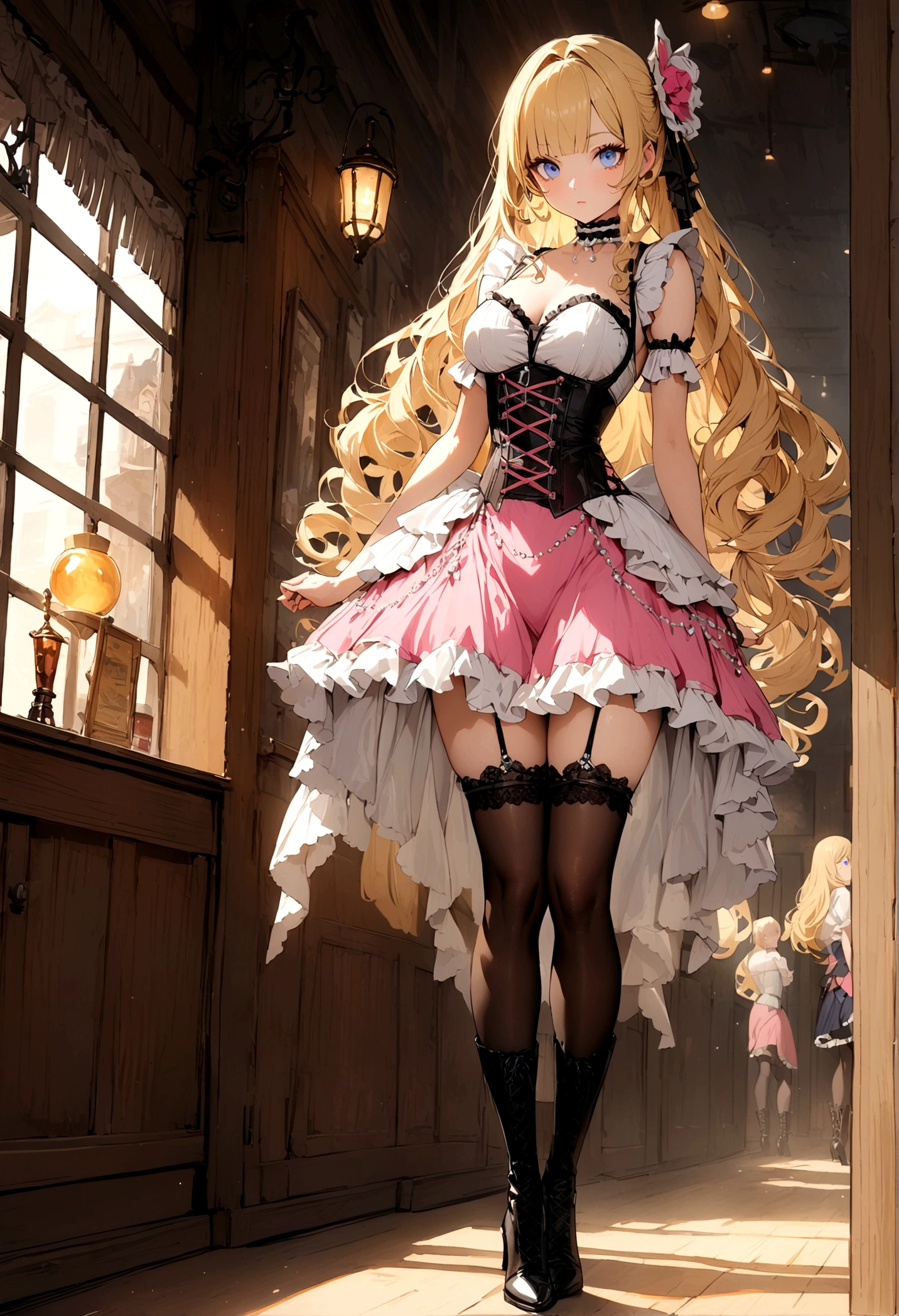 Curls,blonde_hair,blue_eyes,long_eyelashes,long_hair,fringe_bangs,side_curls,fullbody,standing,masterpiece,highress,frilly intricate pink saloon girl dress,knee length skirt,white accents, frilly lace choker,corset,lace up heeled boots,stockings,saloon