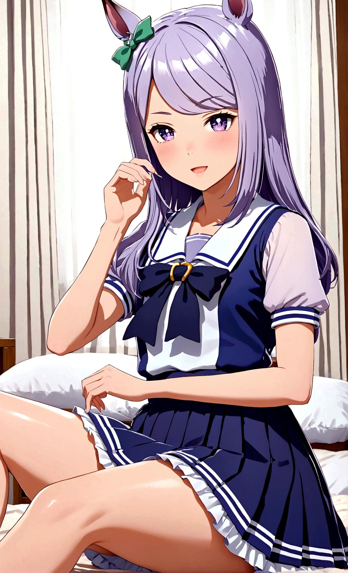 ((8K, Best Quality, masterpiece, Highly detailed)),{{{NSFW}}},Semi-realistic illustrations,Mejiro McQueen \(umamusume\),{1 girl,beautiful girl,cute,smile,kawaii, lovely,blushing,playful expression},sharp focus,oily skin,beautiful detailed hair,glossy hair,(wear school uniform:1.5),(two nipples slip from school uniform:1.2)(NSFW),erection-of-nipples,(lying on the bed:1.2),wear long school skirt,perfect two legs,(spread two legs:1.2),(show-off-white-panties:1.3),five fingers,large breaths,wear black pantyhose,beautiful detailed eyes,jewel like eyes,violet eyes, (two hands behind head:1.1),open mouth,armpits, solo,beautiful navel,  looking at viewer,collarbone,earring