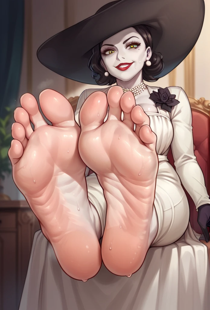 score_9,score_8_up,score_7_up,score_6_up,score_5_up,score_4_up, Alcina Dimitrescu, showing soles, 5 toes, sweaty soles, spreading toes