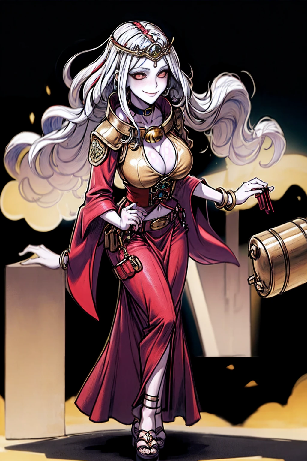(Cassia Orsellio colored skin) ((BLACK BACKGROUND,1:2, masterpiece)) full body MILF BIMBO standing with two long thighs and two metal sandals, red eyes, two-tone hair, brown hair, silver white hair, short bob style hair, big breasts, cleavage, separate sleeves, tiara royal, long cape up to two feet, yellow bikini, hands on waist, navel, toned body, lustful smirking smiling, smile face (red blushed, red cheeks), metal shoulders, gold sleeveless armbands, black leather choker slave collar (leather choker with big golden bell), shackle bracelets, red crest, pauldrons, breastplate, leather corset, eye focus, full body, whole body, 1solo, loincloth standing, hands on hips, big belt, view from below, feet together, bracers, tiara)