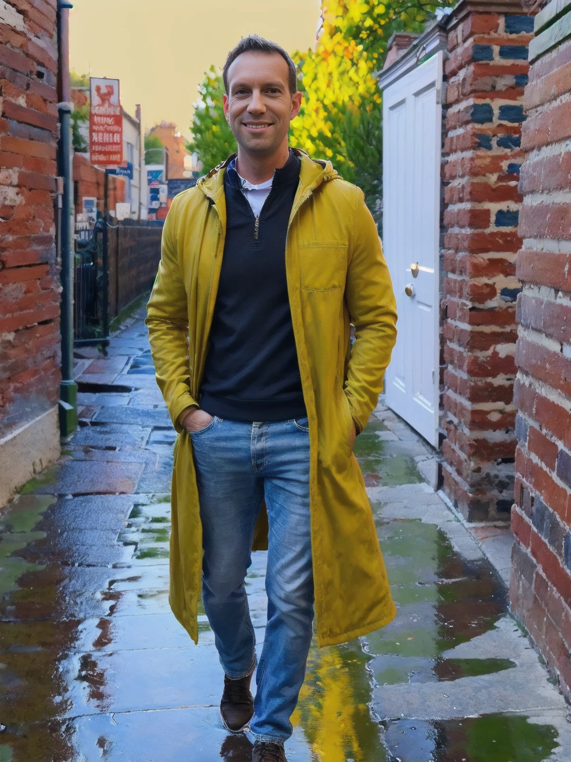(highres,masterpiece:1.2), ultra-detailed, realistic:1.37, HDR, man ,solo, Todder8 Todder1 in the street with french coat,painted brick walls,wet cobblestone pavement,lively city atmosphere,vibrant colors,soft golden light,cool blue tones