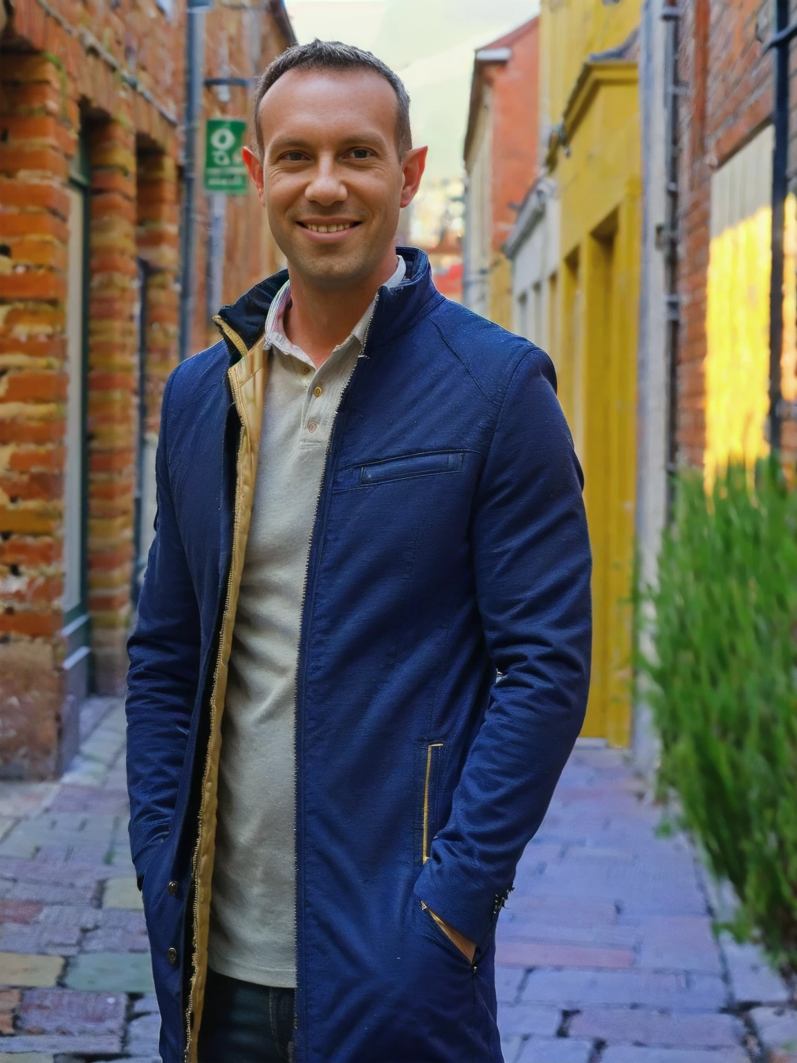 (highres,masterpiece:1.2), ultra-detailed, realistic:1.37, HDR, man ,solo, Todder8 Todder1 in the street with french coat,painted brick walls,wet cobblestone pavement,lively city atmosphere,vibrant colors,soft golden light,cool blue tones